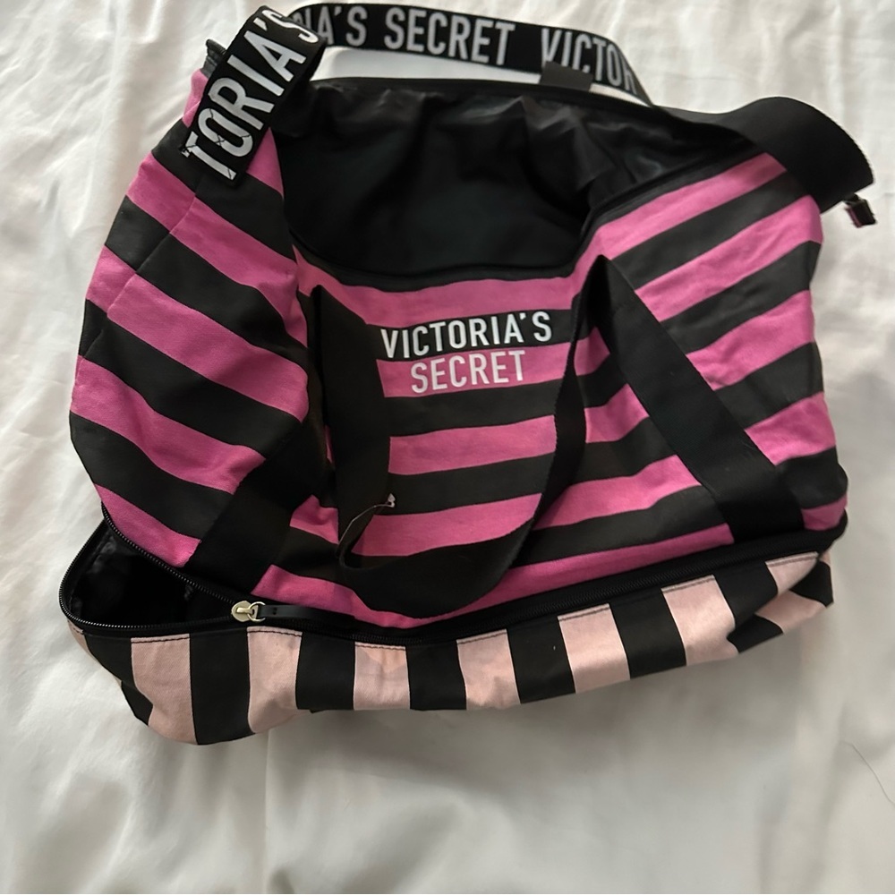 Pink and Black Striped Victoria’s Secret Overnight Bag